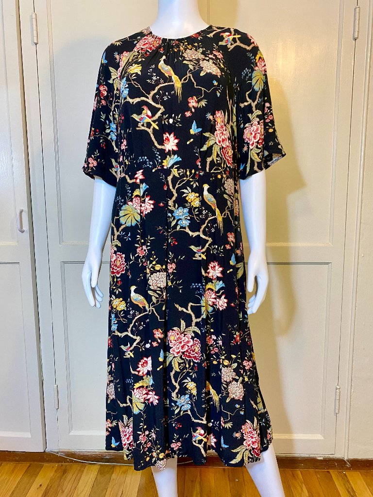 Gp&J Baker X H&M Bird & Floral Black Tunic Dress Size 6 Cottagecore 90's Midi